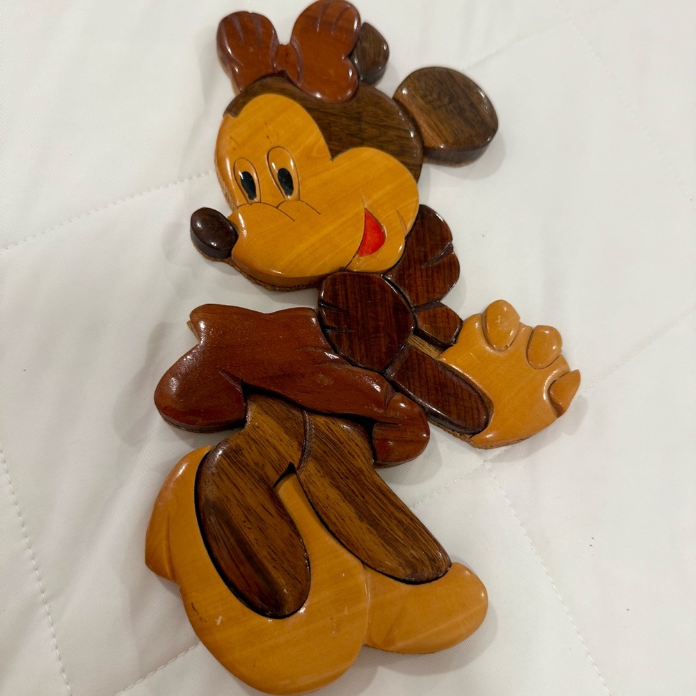 RARE Vintage 70s Intarsia Mickey & Minnie Mouse Wood Carved Wall Decor Set of 2 - Picture 6 of 8